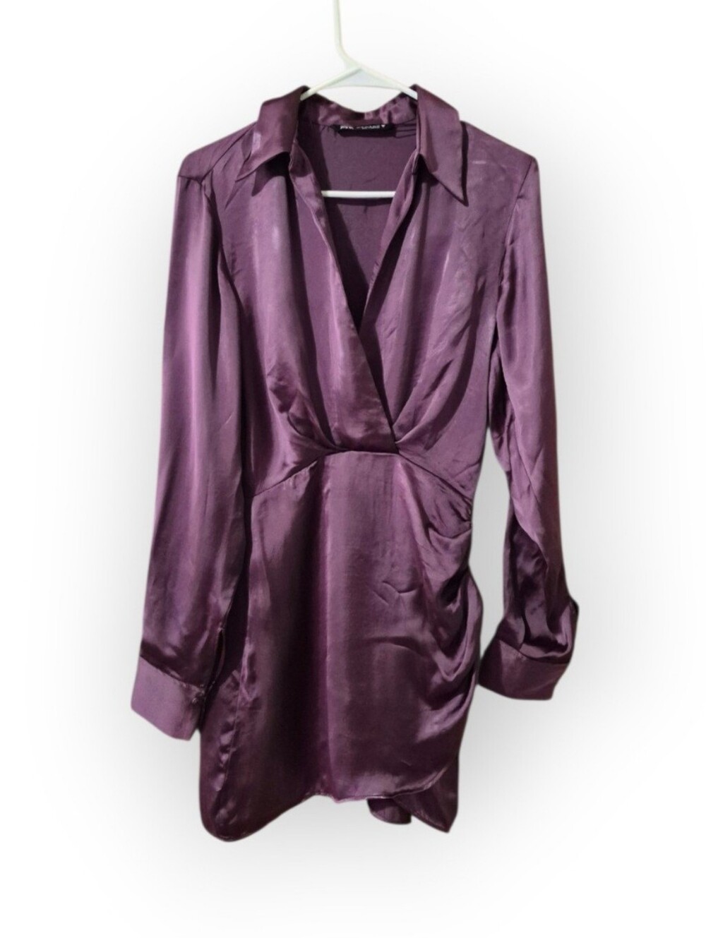 Zara Satin Plum Wrap-Style Lapel Collar Mini Dress NWT